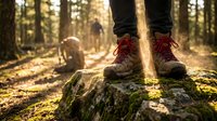 Hiker in red lace-up boots standing on moss-covered log in forest with dog and companion walking on trail behind during golden hour outdoor adventure.