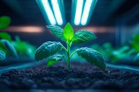 Young green plant seedling growing in soil under modern LED grow lights in indoor hydroponic farming facility for sustainable agriculture and food production.