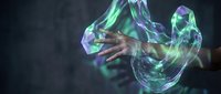 Translucent holographic hands reaching forward with flowing digital energy streams in neon green and purple colors against dark background for futuristic designs.