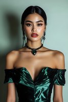 Young Asian woman in emerald green off-shoulder velvet dress and gothic jewelry against mint background. Fashion portrait highlighting dramatic makeup and luxurious evening style.