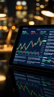 Tablet displaying stock market charts with candlestick graphs, financial data, and index numbers on a reflective surface in warm bokeh light.