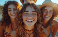 Three young carefree women with natural freckles and radiant smiles enjoying summer outdoors, golden hour lighting creates warm atmosphere perfect for lifestyle and happiness concepts.