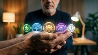 Senior man holding glowing holographic wellness icons representing health, nature, meditation and balance in modern home interior for healthcare technology.