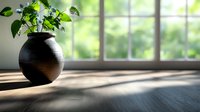 Green plant in black ceramic vase on wooden surface near window with soft natural light and shadows creating minimalist zen atmosphere for wellness and meditation.