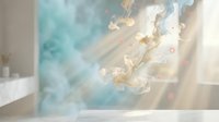 Aerial view of turquoise water with golden swirls and pink accents, featuring soft light rays filtering through clouds, suitable for wellness and spa backgrounds.