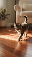 Young tabby kitten walking across wooden floor in sunlit living room with beige furniture and potted plant in background.