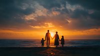 Silhouette of family with two children holding hands while watching dramatic sunset over ocean, creating nostalgic vacation memory.