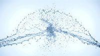 Dynamic water splash frozen in motion, forming an arc shape with droplets on a light background, conveying freshness and energy.