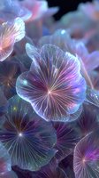 Luminous translucent flowers with iridescent petals in purple, blue, and pink hues glowing against dark background for fantasy or nature designs.