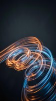 Abstract light trails creating dynamic swirls in orange and blue colors on dark background for modern digital design and technology concepts.