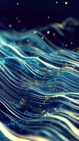 Glowing blue waves with golden particles flowing in abstract motion against dark background, creating magical underwater effect for technology designs.