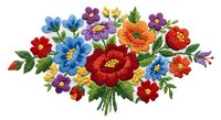Colorful embroidered floral bouquet with vibrant blooms and green leaves on white background. Traditional needlework design for crafts and decoration.