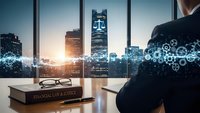 Businessman with gear icons overlay viewing city skyline through office window at sunset, representing innovation and strategic planning in corporate environment.