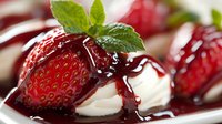 Fresh ripe strawberries with whipped cream and chocolate sauce drizzle, garnished with mint leaves, macro food photography on dark background.