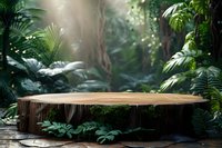 Natural wooden platform surrounded by lush tropical plants and morning sunbeams in misty jungle atmosphere, creating mystical product display setting.