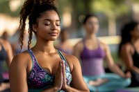 Young woman of African descent in athletic sports bra practicing yoga meditation outdoors with group in park setting during golden hour, wellness and mindfulness concept for fitness lifestyle.