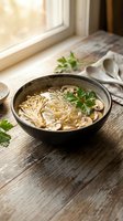 Steaming bowl of Asian noodle soup with mushrooms and fresh herbs on rustic wooden table by sunny window for comfort food and culinary content.