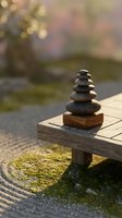 Zen stone stack balanced on wooden platform in peaceful garden setting with soft bokeh background for meditation and mindfulness concepts.