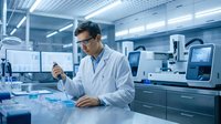 Male scientist in white lab coat working with test tubes in modern laboratory with advanced equipment and blue lighting for research and development.
