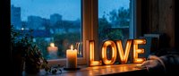 Glowing LOVE marquee letters and a lit candle on a windowsill with rain-streaked glass, creating a cozy romantic atmosphere on a moody evening.