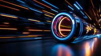 Futuristic glowing neon tunnel with light trails and reflections creating dynamic motion effect, blue and orange streaks against dark background for sci-fi designs.