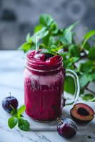 Fresh plum smoothie in mason jar with mint leaves and ripe plums on marble surface, vibrant purple drink garnished with berries for healthy breakfast.