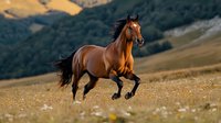 Majestic bay horse galloping freely across mountain meadow at sunset, mane and tail flowing in wind against dramatic natural landscape background.