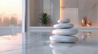 Balanced white zen stones stack on glossy surface with soft morning light, houseplant and decorative elements in minimalist interior setting. Wellness concept.
