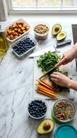 Hands preparing fresh healthy ingredients on marble counter with blueberries, avocado, nuts, seeds and leafy greens for nutritious meal prep and cooking.