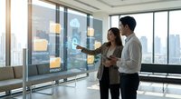 Asian business professionals analyzing holographic data visualization in modern office with city skyline view during strategic planning meeting.