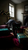 Black cat with striking green eyes exploring wrapped gifts in festive living room with golden lights and fireplace during holiday season.