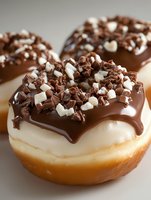 Fresh baked donuts topped with dark chocolate glaze, white chocolate chips and chocolate shavings on white plate, close up view of gourmet pastry dessert.