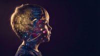 Child profile with glowing brain showing gears, circuits and cosmic elements representing artificial intelligence, learning and cognitive development.