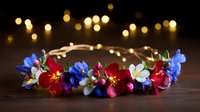 Delicate floral crown with red and blue wildflowers arranged on golden wire with glowing bokeh lights in dark background, romantic wedding accessory for bride or festival.