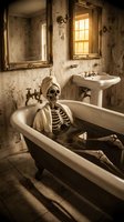 Skeleton reclining in vintage bathtub within decayed bathroom featuring aged mirrors, pedestal sink, and weathered walls with peeling paint and rust stains. Suitable for horror, Halloween, and dark artistic projects.