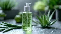 Green transparent gel with aloe vera plant and fresh leaves on light background with water drops, natural organic skincare cosmetic product for spa wellness.