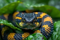 Close-up portrait of mangrove snake with striking black and yellow scales pattern resting among green foliage, showing detailed head scales and eyes in natural habitat.