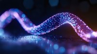 Abstract glowing wave of blue and pink particles with bokeh effect on dark background creates futuristic digital technology visualization.