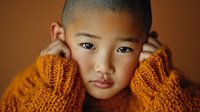 Young Asian boy wearing cozy orange knitted sweater with hands on face showing warm autumn fashion portrait for seasonal clothing campaigns.