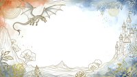 Fantasy landscape frame with dragon, castle and mountains in golden line art style for storytelling and fairy tale designs.