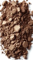 Crushed cocoa powder scattered on white background, macro shot showing texture and details of brown chocolate dust particles for food photography and design.