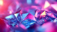 Vibrant crystal formations in pink and blue colors create abstract geometric background with triangular shapes and reflective surfaces. Modern design element.