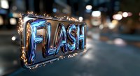 Glowing neon flash text with sparkles and bokeh lights on blurred urban night background, modern illuminated signage with metallic chrome effect.