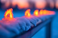 Glowing orange flames emerging from snow-covered gas pipeline at dusk create dramatic contrast against blue winter background, industrial energy concept.