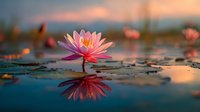 Pink water lily flower blooming on calm lake surface at sunset with perfect reflection, creating serene natural atmosphere.