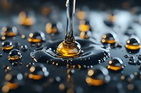 Liquid drop splash creating crown formation with golden spherical droplets on dark surface, dramatic macro photography with bokeh effect and water reflection.