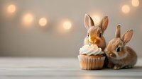 Two adorable dwarf rabbits next to vanilla cupcake with cream frosting on wooden surface against blurred fairy lights background, festive Easter mood.