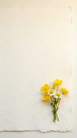 Small bouquet of yellow buttercups and white daisies on textured handmade paper, minimal floral flat lay with copy space.