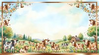 Pastoral farm scene with grazing cattle, sheep, and goats in meadow surrounded by decorative floral border frame, countryside landscape with barn and trees.