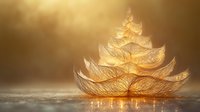 Delicate translucent maple seed pods arranged in Christmas tree shape glowing with warm golden light against misty background, creating magical natural art.